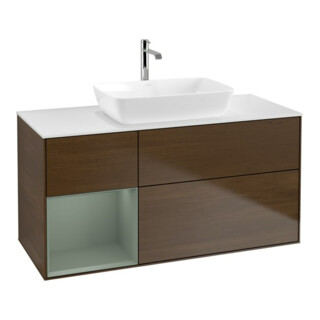 V&B Meuble sous lavabo Finion 120 cm, blanc mat, tiroir huilé avec laque, noyer veinée