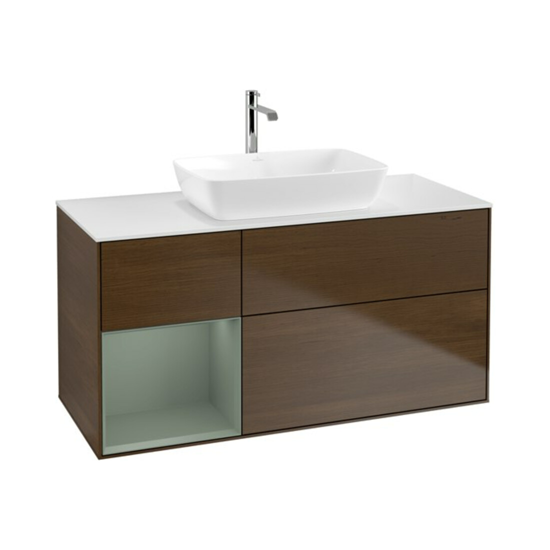 V&B Meuble sous lavabo Finion 120 cm, blanc mat, tiroir huilé avec laque, noyer veinée