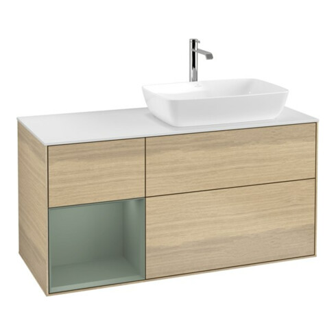 V&B Meuble sous-lavabo Finion 120 cm, blanc mat, tiroir huilé avec laque, venis ouvert