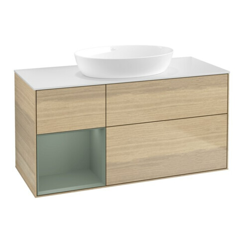 V&B Meuble sous lavabo Finion 120 cm, blanc mat, tiroir huilé, façade laquée, poignée en métal