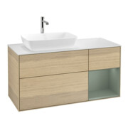 V&B Meuble sous lavabo Finion 120 cm, blanc mat, tiroir huile mat, façade chêne