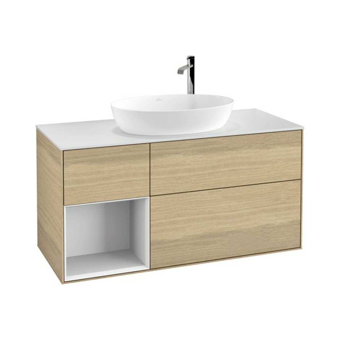 V&B Meuble sous lavabo Finion 120 cm, blanc mat, tiroir laqué blanc, poignée ven