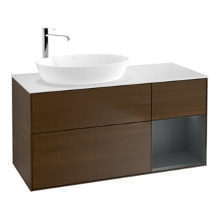 V&B Meuble sous lavabo Finion 120 cm, blanc mat, tiroir médian mat laqué, noyer veiné