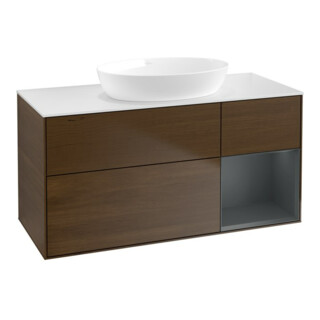 V&B Meuble sous lavabo Finion 120 cm, blanc mat, tiroir médium laqué, noyer veinée