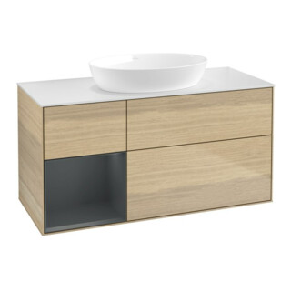 V&B Meuble sous lavabo Finion 120 cm, blanc mat, tiroir médium laqué, poignée ven