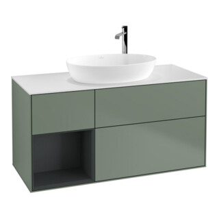 V&B Meuble sous lavabo Finion 120 cm, blanc mat, tiroir médium mat laqué, olivier mat laqué