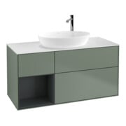 V&B Meuble sous lavabo Finion 120 cm, blanc mat, tiroir médium mat laqué, olivier mat laqué