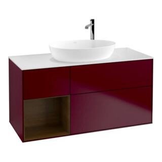 V&B Meuble sous-lavabo Finion 120 cm, blanc mat, tiroir noyer, poignée métal