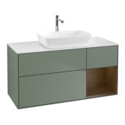 V&B Meuble sous lavabo Finion 120 cm, blanc mat, tiroir noyer, poignée métal laqué