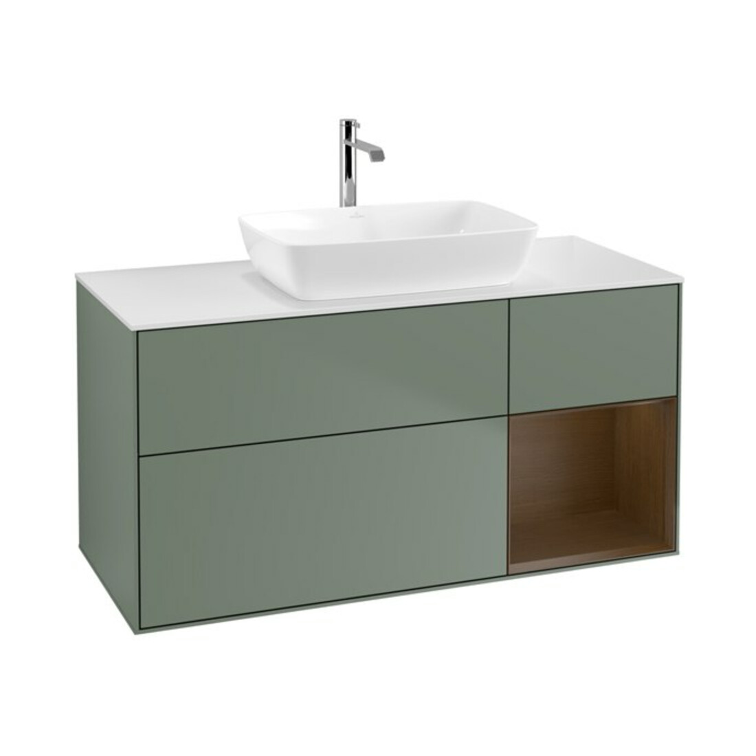 V&B Meuble sous lavabo Finion 120 cm, blanc mat, tiroir noyer, poignée métal laqué