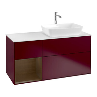 V&B Meuble sous-lavabo Finion 120 cm, blanc mat, tiroir noyer, poignée métal mat