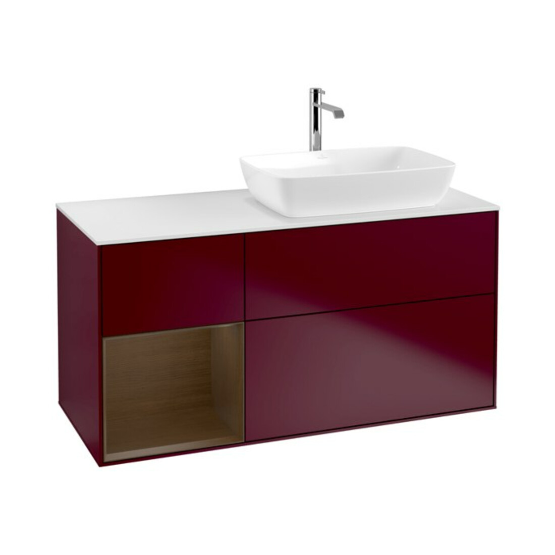 V&B Meuble sous-lavabo Finion 120 cm, blanc mat, tiroir noyer, poignée métal mat