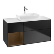 V&B Meuble sous lavabo Finion 120 cm, blanc mat, tiroir noyer verni, façade laquée bleue