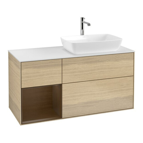 V&B Meuble sous lavabo Finion 120 cm, blanc mat, tiroir noyer verni, façade noyer verni