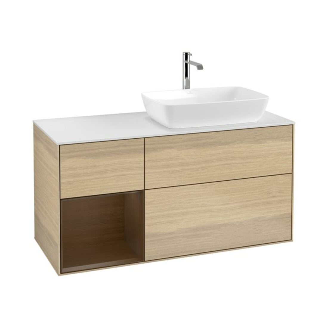V&B Meuble sous lavabo Finion 120 cm, blanc mat, tiroir noyer verni, façade noyer verni