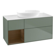 V&B Meuble sous lavabo Finion 120 cm, blanc mat, tiroir noyer verni, poignée métal laqué