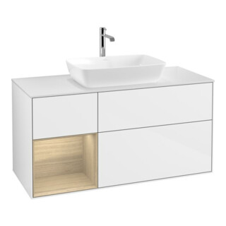 V&B Meuble sous-lavabo Finion 120 cm, blanc mat, tiroir Oa ven, blanc brillant laqué