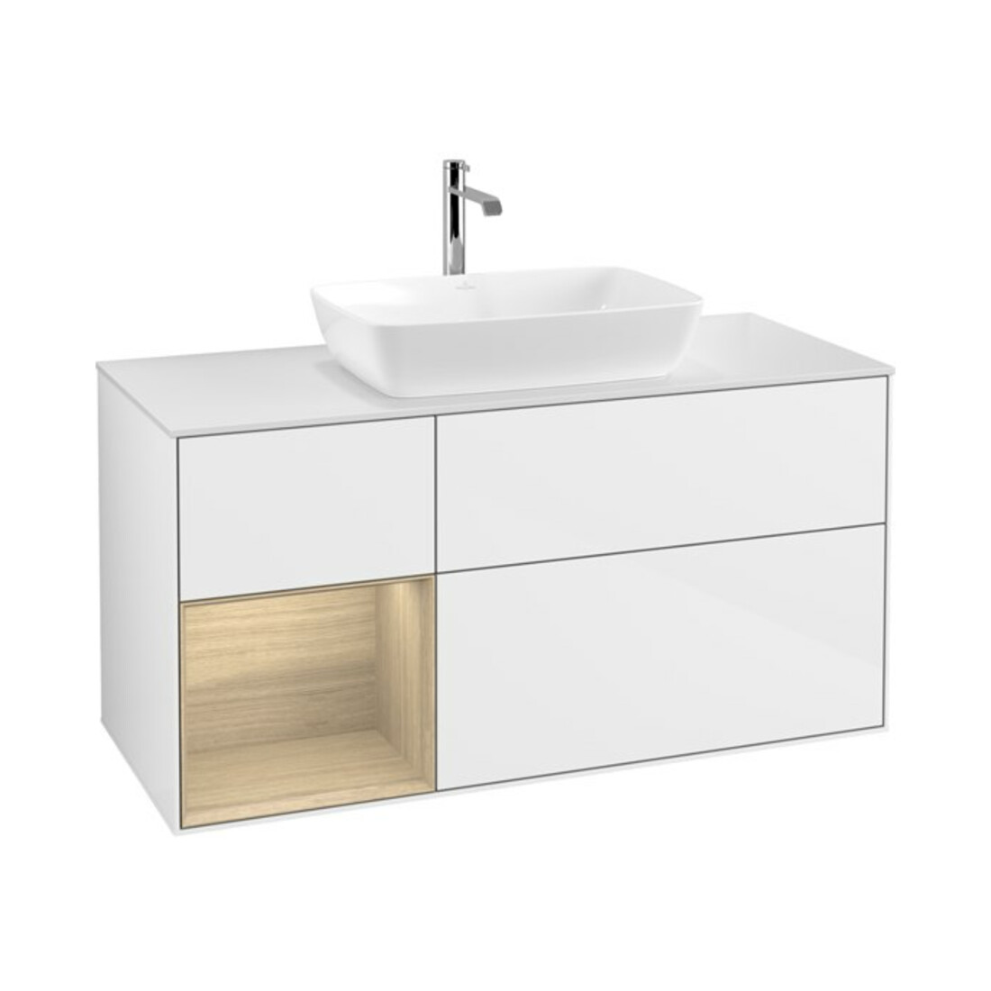 V&B Meuble sous-lavabo Finion 120 cm, blanc mat, tiroir Oa ven, blanc brillant laqué