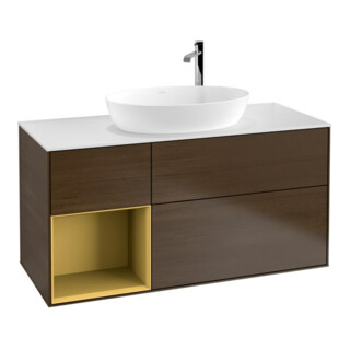 V&B Meuble sous lavabo Finion 120 cm, blanc mat, tiroir or mat, noyer veinée