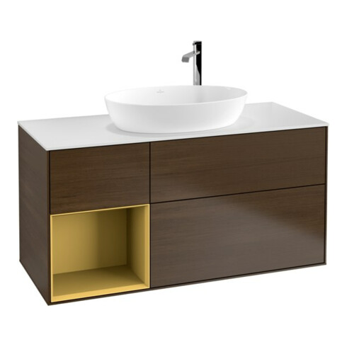 V&B Meuble sous lavabo Finion 120 cm, blanc mat, tiroir or mat, noyer veinée