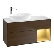 V&B Meuble sous-lavabo Finion 120 cm, blanc mat, tiroir or mat, noyer veinée