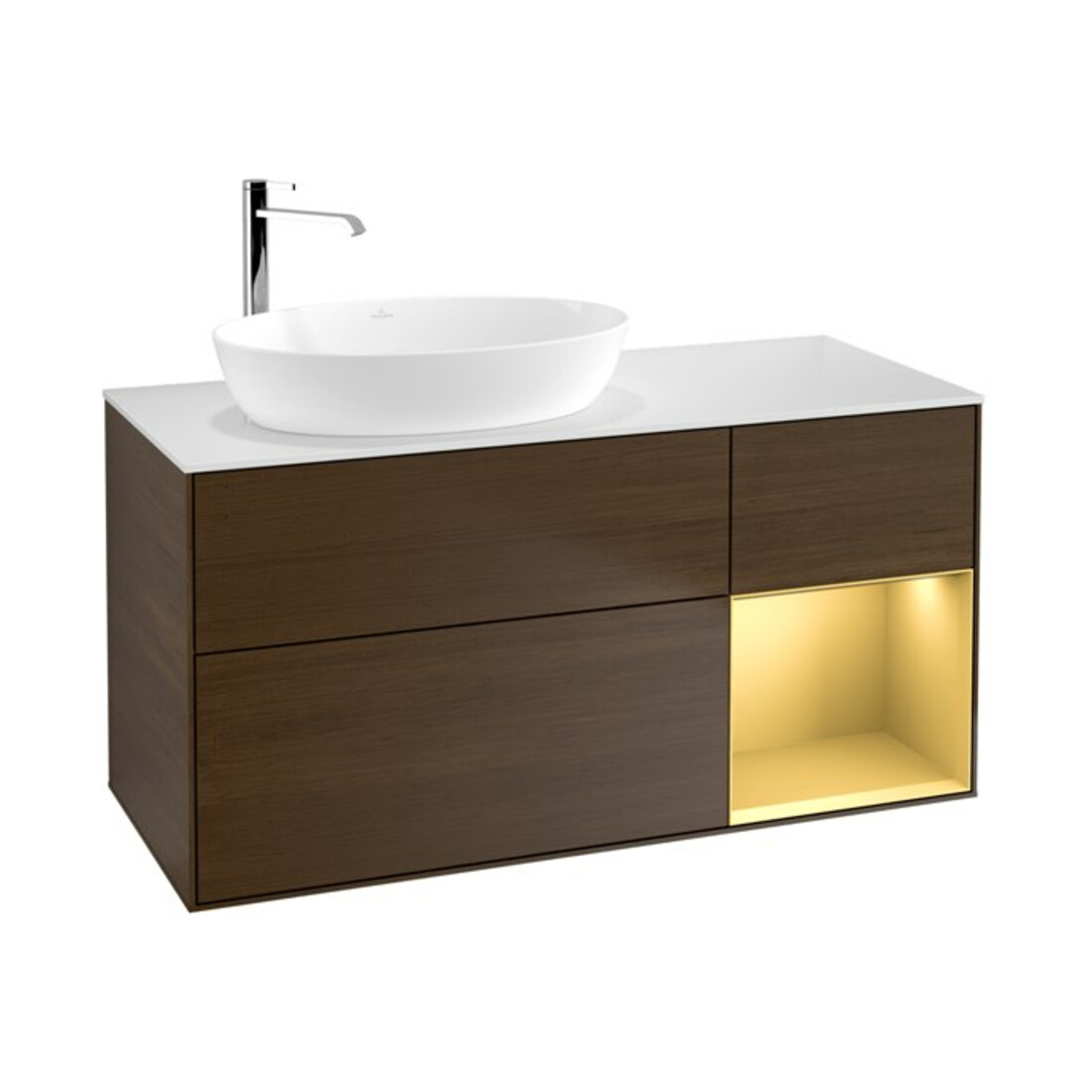 V&B Meuble sous-lavabo Finion 120 cm, blanc mat, tiroir or mat, noyer veinée