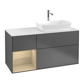 V&B Meuble sous lavabo Finion 120 cm, blanc mat, tiroir ouvert, anthracite mat