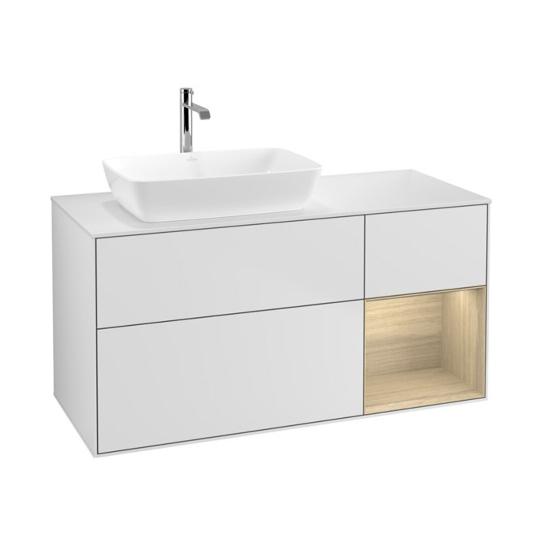 V&B Meuble sous lavabo Finion 120 cm, blanc mat, tiroir ouvert, blanc mat laqué