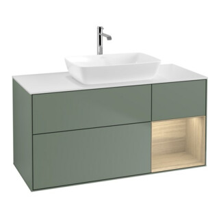 V&B Meuble sous-lavabo Finion 120 cm, blanc mat, tiroir ouvert, poignée laquée