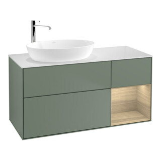 V&B Meuble sous-lavabo Finion 120 cm, blanc mat, tiroir, poignée olivier mat laqué