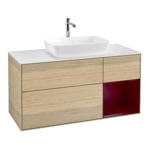 V&B Meuble sous lavabo Finion 120 cm, blanc mat, tiroirs avec laque, poignées ven