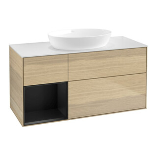 V&B Meuble sous-lavabo Finion 120 cm, blanc mat, tiroirs bleus mat, poignée chrome