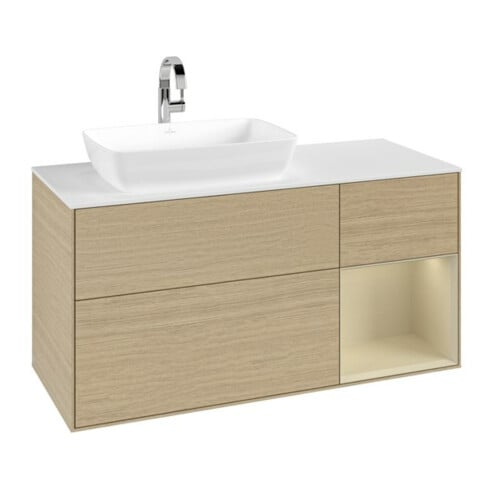 V&B Meuble sous-lavabo Finion 120 cm, blanc mat, tiroirs gris mat laqué, poignée ven