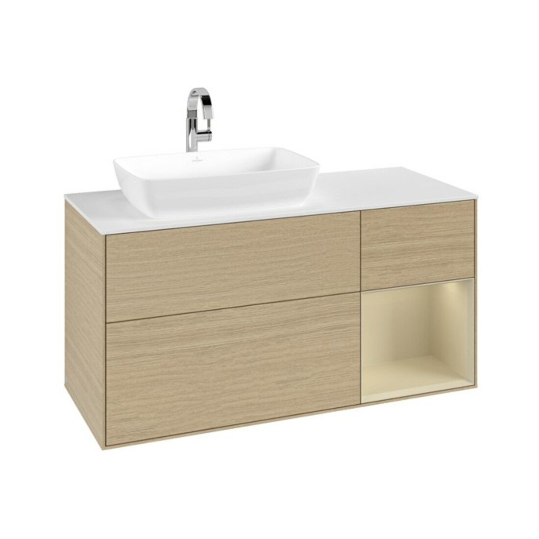 V&B Meuble sous-lavabo Finion 120 cm, blanc mat, tiroirs gris mat laqué, poignée ven