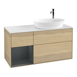 V&B Meuble sous-lavabo Finion 120 cm, blanc, miroir avec éclairage mural, laqué, finition Oa ven