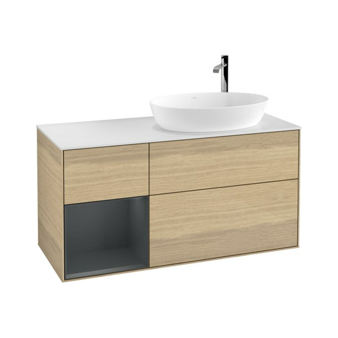 V&B Meuble sous-lavabo Finion 120 cm, blanc, miroir avec éclairage mural, laqué, finition Oa ven