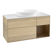 V&B Meuble sous lavabo Finion 120 cm, blanc, placage noyer, éclairage mural