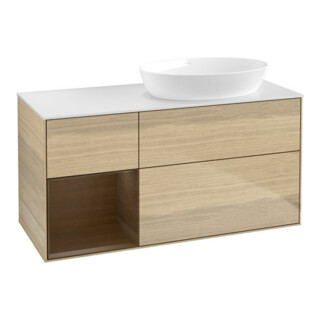 V&B Meuble sous-lavabo Finion 120 cm, blanc poli, placage noyer, éclairage mural ven