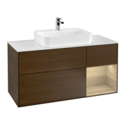 V&B Meuble sous lavabo Finion 120 cm, blanc, porte droite, finition noyer ven.