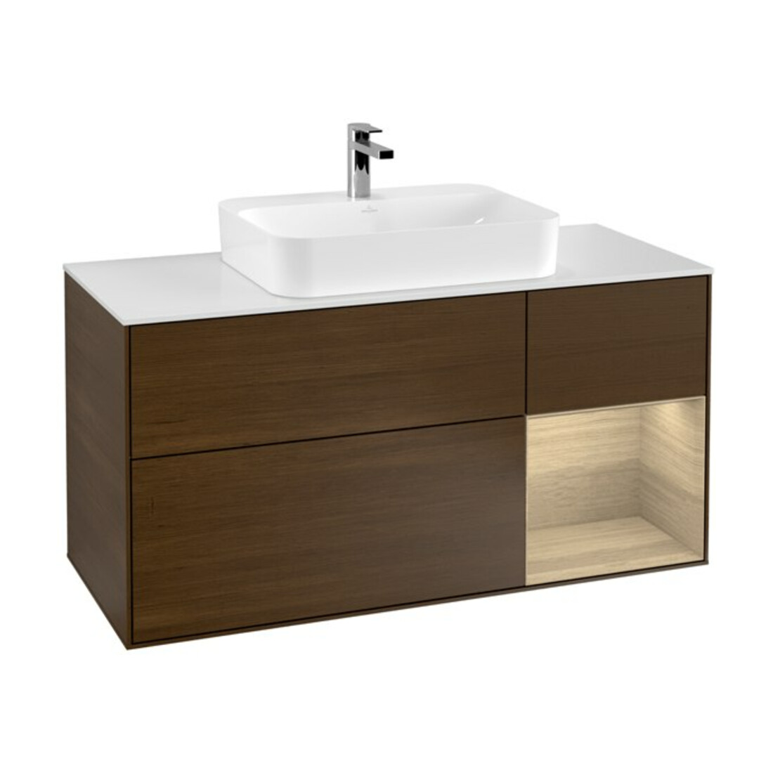 V&B Meuble sous lavabo Finion 120 cm, blanc, porte droite, finition noyer ven.