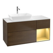 V&B Meuble sous-lavabo Finion 120 cm, blanc, réglette dorée, noyer veiné