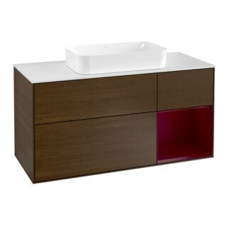 V&B Meuble sous-lavabo Finion 120 cm, blanc, réglette droite, noyer veinée