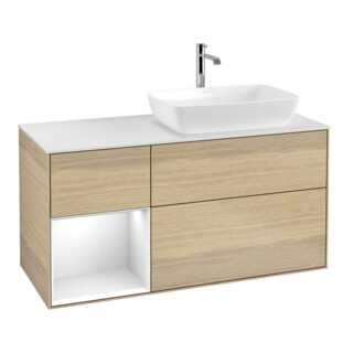V&B Meuble sous lavabo Finion 120 cm, blanc, réglette LED blanche, poignée ven
