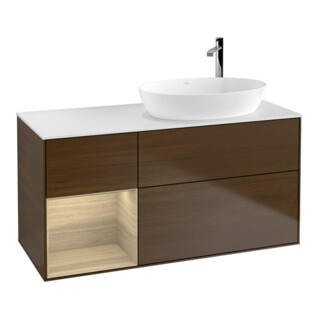 V&B Meuble sous lavabo Finion 120 cm, blanc, réglette murale, noyer ven.
