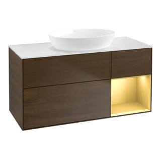 V&B Meuble sous lavabo Finion 120 cm, blanc, réglette or, noyer veiné