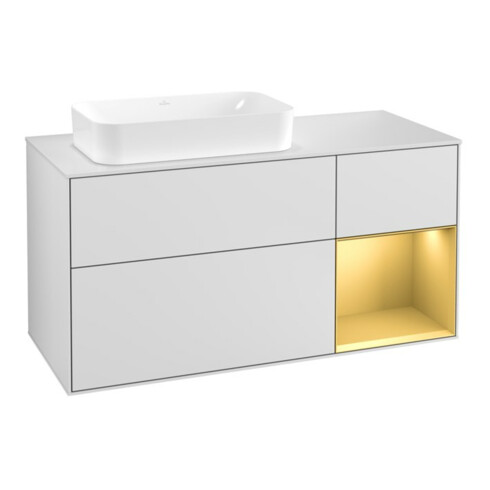 V&B Meuble sous lavabo Finion 120 cm, blanc, tiroir droite, blanc laqué