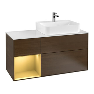 V&B Meuble sous lavabo Finion 120 cm, blanc, tiroir gauche, poignée bois, noyer veinée