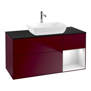 V&B Meuble sous lavabo Finion 120 cm, bleu clair, étagère blanche avec laque, poignée métal