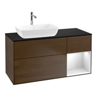 V&B Meuble sous lavabo Finion 120 cm, bleu clair, étagère blanche laquée, noyer veinée