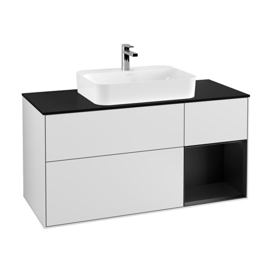 V&B Meuble sous-lavabo Finion 120 cm, bleu clair, étagère droite, blanc avec Lac